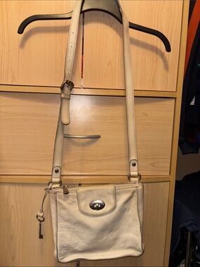 Fossil Cream Leather Crossbody with Turn-Lock Accent